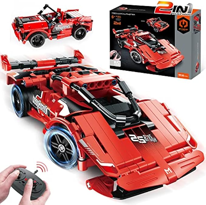 eafzv STEM Building Toys for Kids Boys Girls 5, 6, 7, 8, 9, 10, 11, 12 + Years Old, 2-in-1 Transformer Remote Control Racer Cars Construction Building Blocks, Speed Champion RC Truck, Xmas Gifts