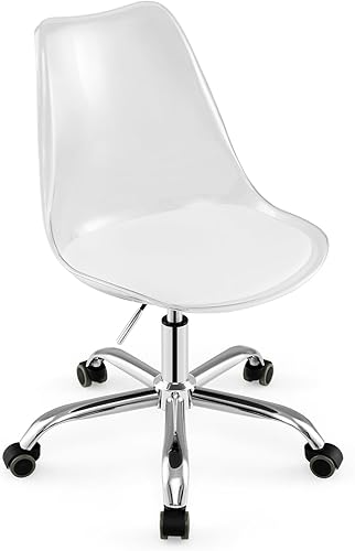 Miniatura 10 de COSTWAY Silla de escritorio de acrílico transparente, silla giratoria sin brazos de plástico con base de metal resistente y ruedas lisas, silla de