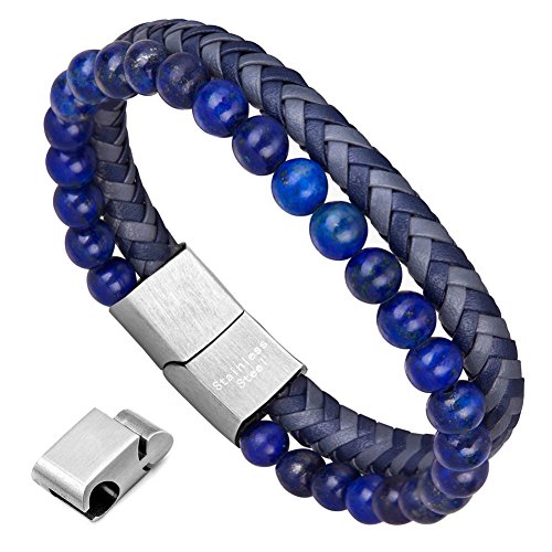 murtoo Mens Bead Leather Bracelet, Black and Brown Bead and Leather Bracelet for Men (Blue)