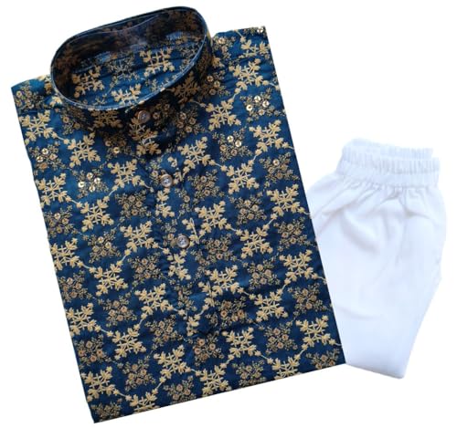 Image of TinySteps Boys' Ethnic Wear - Cotton Lakhnavi Chikan Kurta with Golden Sequence Work and Elastic Waist White Cotton Pajama - Festive & Wedding Outfit