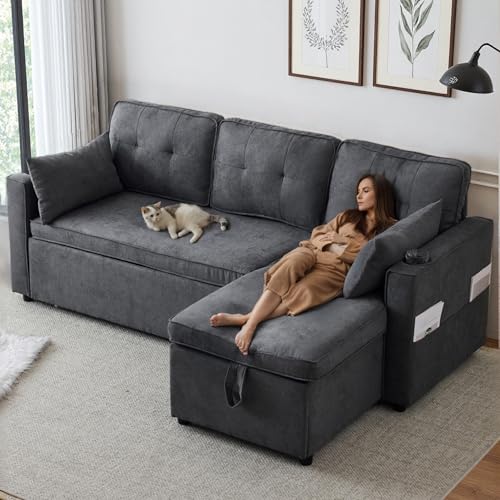 Sapgaks Canapé d'angle Convertible avec Espace de Rangement et Porte-Boisson,canapé lit avec Fonction Sommeil,canapé en L,Interchangeable à Gauche et à...