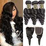 QTHAIR 12A Brazilian Loose Wave Bundles with Closure 100% Virgin Human Hair Loose Deep Curly Bundles...