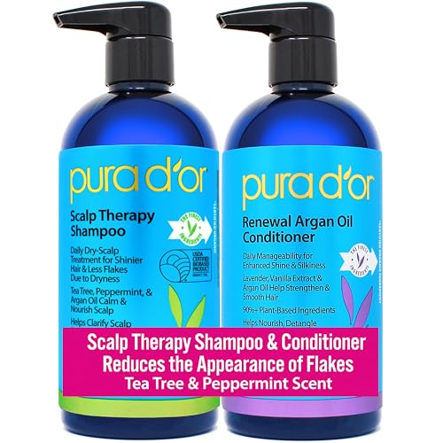 PURA D'OR Scalp Therapy Shampoo & Conditioner Set (16oz x 2) Dry, Itchy Scalp-Hydrates & Nourishes Hair w/Tea Tree, Peppermint, Argan Oil & Biotin, All Hair Type, Men Women (Packaging Varies)