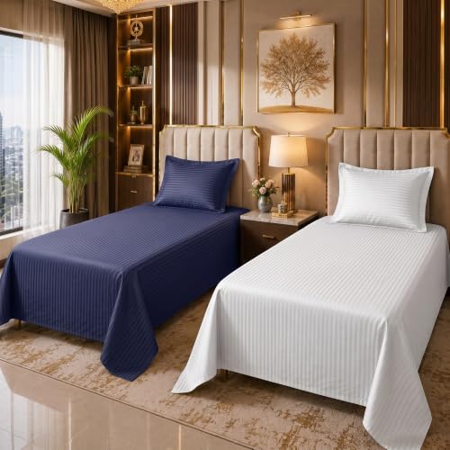 Image of Mafatlal 210 TC Italian Stripe Single Bedsheet Set with Pillow Cover (60 x 90 Inches) | 100% Cotton | Hotel Collection | Soft Breathable Flat Bed Sheet | Navy N White