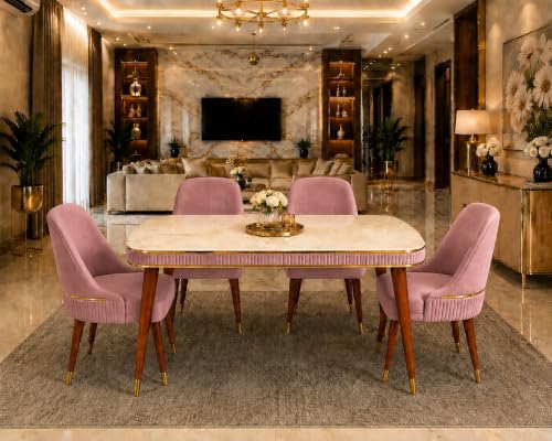 Image of WOODEN SPACE Majestic 4 Seater Wooden Dining Table Set | Urban Marble Top Dining Table with Chairs for Dining Room & Kitchen (Pink Modern Grand Aura) (54 x 36 x 30 inch)