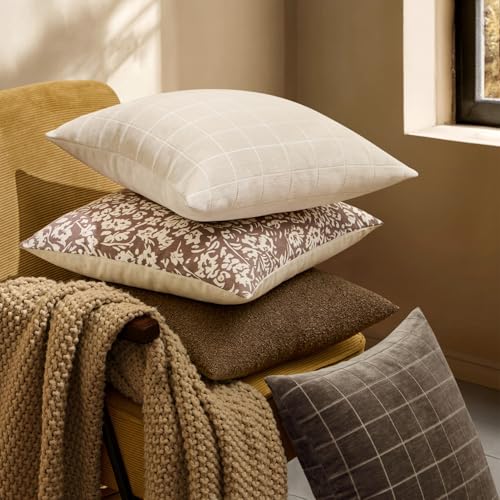 Image of MIULEE Beige Plaid Decorative Throw Pillow Covers 20x20 Set of 2 | Vintage Check Chenille Couch Pillows Neutral Boho Farmhouse Cushion Covers Modern Home Decor for Sofa Bed Living Room