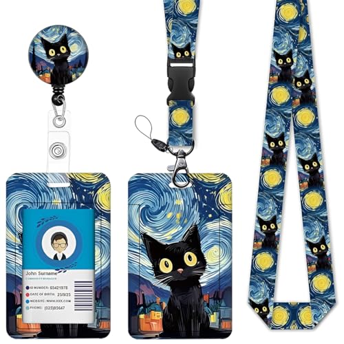 Porte Badge avec Cordon Tour de Cou Motif Chat de Forêt Enrouleur Badge Rétractable Lanyard Strap Neck avec Swivel Lobster Clasp pour Travailleur Infirmier Enseignant Étudiants
