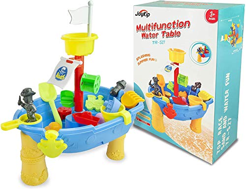 JoyKip Mesa de Juegos Pirata para Actividades acuáticas y de Arena al Aire Libre con diseño de Barco - Juguete Divertido de Verano con Salpicaduras - Incluye Accesorios, Palas, Botes y Palas, etc.