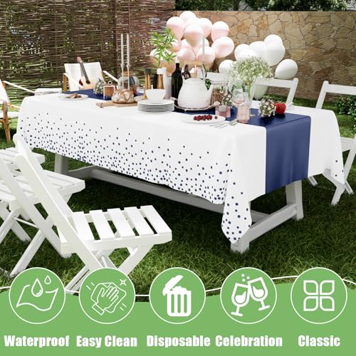 Image of Smiry Plastic Table Cloth Disposable 5 Pack, 54 x 108 Inch Rectangle Waterproof Tablecloth, Printed Gold Table Runner Style for Birthday Weeding, Party Decorations, Leakproof & Sturdy, White and Navy