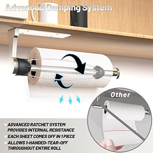 Vehhe Under Cabinet Paper Towel Holder, One Hand Operable Paper Towel Holder Wall Mount With Damping Effect, Self-Adhesive Paper Towel Holder Or Drilled For Kitchen, Bathroom. (Silver) #TOP3
