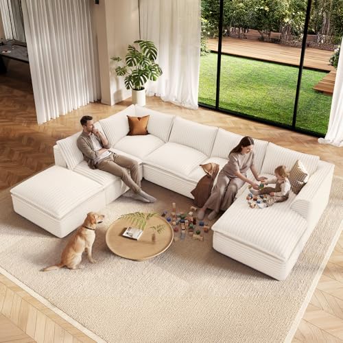 Image of Vesgantti 141.7 inch U Shaped Sectional Boneless Couch, Modern 6 Seater Modular Sofa with Chaise & Ottoman, Deep Seat Plush Corduroy Cloud Couches for Living Room, No Assembly Required, Beige