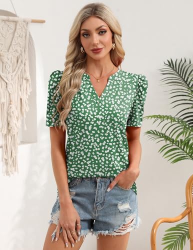 Image of Zeagoo Women Blouses Puff Short Sleeve Tops V Neck Dressy Casual Spring Shirts Boho Floral Cute Clothes 2026