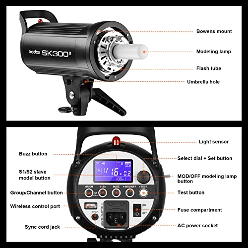 Godox 2X SK300II Studio Flash Strobe Kit:2.4G 600Ws Speedlite Flash Monolight with Bowens Mount for Studio Shooting,Location & Portrait Photography with Light Stand,Softbox,Barndoor and Umbrellas