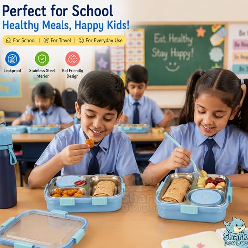 Image of Shark Doo Doo Bento 3 Compartment Stainless Steel Lunch Box with Steel Cutlery Inside | Heating & Water Insulation Design | Leak-Resistant | 750 ML | Office & School (Sky Blue)