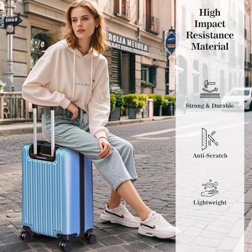 Apelila 4 Piece Hardshell Luggage Sets,Travel Suitcase,Carry On Luggage with Spinner Wheels Free Cover&Hanger Inside4PC (Light Blue Wave)