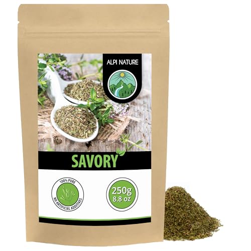 Alpi Nature Savoury Herb 250g 8.8 oz, Dried and Rubbed Satureja Leaves, Savory Spice for Cooking