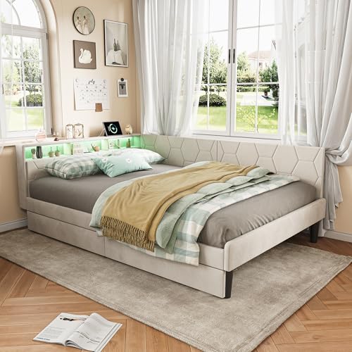 Cama doble 140 x 200 con 2 cajones y espacio de almacenamiento, cama acolchada en L con lámpara LED y USB, paredes laterales intercambiables, sofá cama moderno, sin colchón (Beige C, 140 x 200)