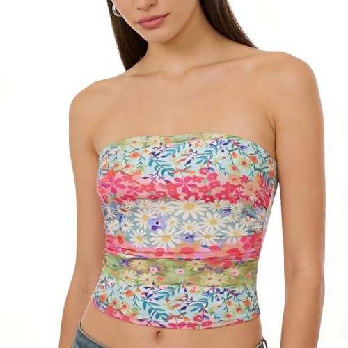 Y2k Boho Floral Tube Top Women Sexy Sleeveless Strapless Crop Bandeau Tops Summer Backless Aesthetic Graphic Cami Shirt Summer Boho Going Out Tops