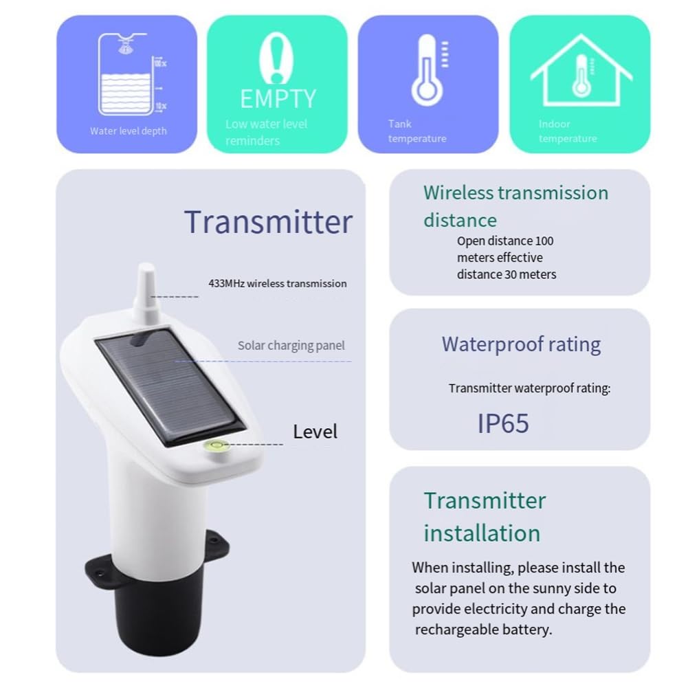 Monitor de nivel de tanque de agua solar con medidor digital, medidor de nivel de líquido inalámbrico de rango de 1 a 5 m, transmisor impermeable IP65 con carga automática, receptor interior que