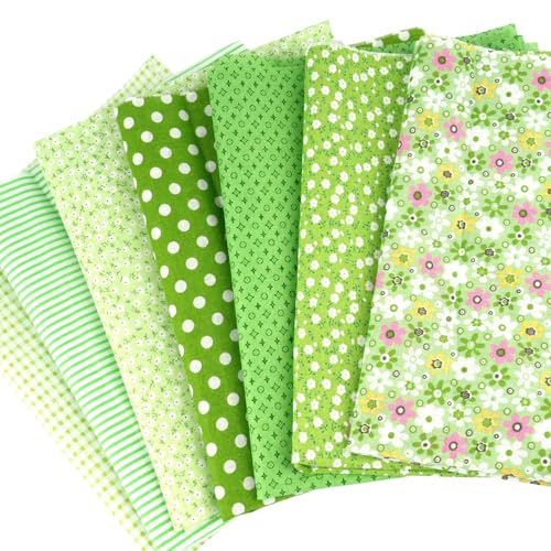 7 Stück Stoff zum Nähen, 50x80cm Grün Patchwork Baumwollstoff - Blümchen‌ und Kleine Punktchen Muster, Stoffreste zum Basteln Kleidung, DIY Handgefertigte Stoffpakete Fabrics for Sewing Quilt
