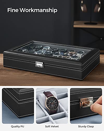 Songmics Watch Box, 24-Slot Watch Case, Lockable Watch Storage Box With Glass Lid, Gift Idea, Black Synthetic Leather, Gray Lining Ujwb024 #TOP3