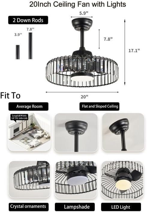 Miniatura 5 de itoeo Ventiladores de techo con luces y control remoto, ventilador de techo negro de perfil bajo de 20 pulgadas, LED regulable de 6 velocidades,
