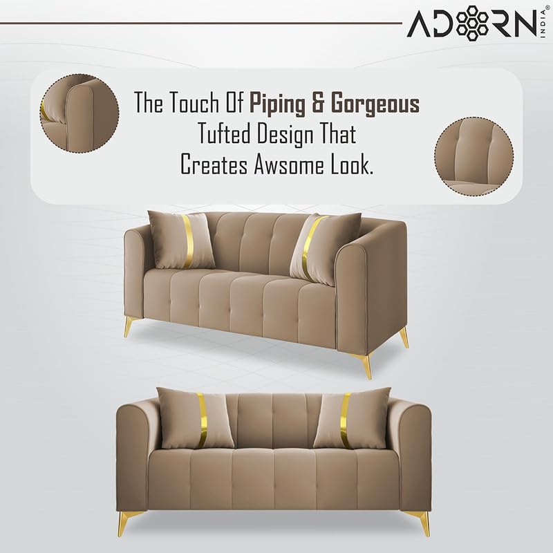 Image of Adorn India Premium Mystic - 3 Years Warranty - 3+2 Sofa Set Velvet Suede Fabric - Beige