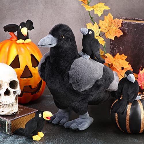 Hydren 5Pc Crow Plush Toy Set - Soft, Fluffy & Realistic - Large Stuffed Animal & 4 Small Black Ravens For Halloween Decor & Collection #TOP1
