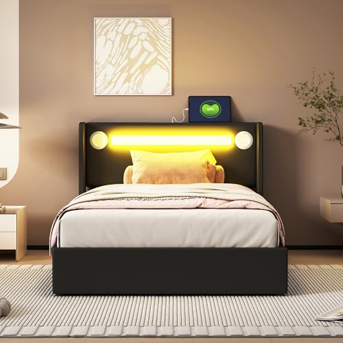 Polsterbett Einzelbett 90x200, Bett mit Stauraum&Lattenrost, LED Kopfteil mit USB-Aufladung&Bluetooth-Player, Hydraulisch Stauraumbett Funktionsbett Jugendbett Bettgestell, PU, Ohne Matratze, Schwarz – Bild 8