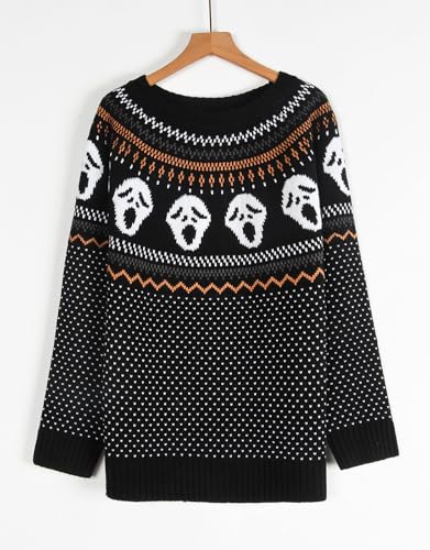 Image of Women's Fair Isle Sweaters Long Sleeve Crew Neck Loose Casual Halloween Pullover Sweater Black X-Large