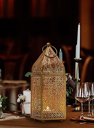 Serene Spaces Living Small Moroccan Gold Ornate Candle Lantern, Antique Gold Lantern, Decorative Candle Lantern Holders For Indian-Inspired Wedding, Eid, Ramadan, Events, 2.75" Dia & 8.5" Tall #TOP2
