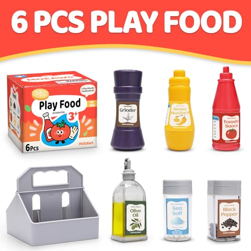 6 Pcs Condiment Toys with Storage Rack and Gift Box, Play Food Set for Kids Kitchen, Pretend Food Play Kitchen Accessories for Toddler, Preschool Learning Toys for Boy Girl, Pretend Grocery Store - Thumbnail 2