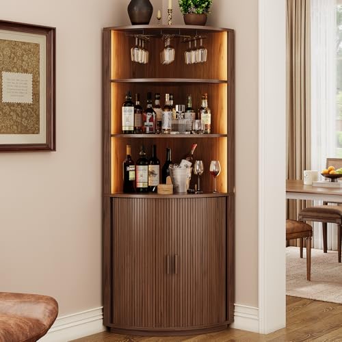 72 Tall Corner Bar Cabinet with LED Lights Fluted Wine Bar Cabinet with Storage Mid-century Modern Liquor Cabinets with Sliding Door & Wine Glass Holder for Dining Room Living Room Walnut