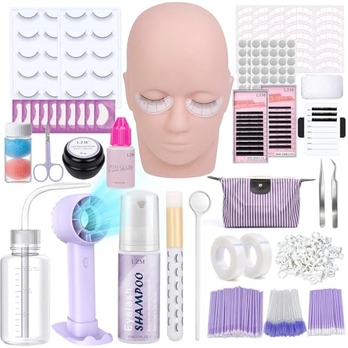 LZM Eyelash Extension Kit for Beginners Professional Lash Extension Kit with Mannequin Head Lash Tech Starter Kit with Rechargeable Fan Shampoo Glue Tweezers Supplies for Practice Training