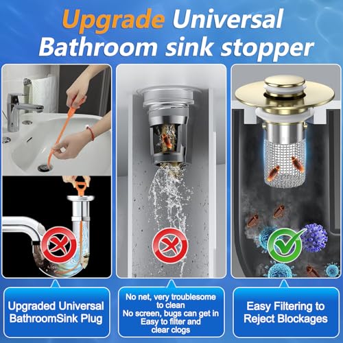 Image of Bathroom Sink Drain Strainer,(3PCS) Pop-up Sink Drain Strainer with Removable Stainless Steel Strainer Basket Hair Catcher, Bathroom Sink Strainer for Bathroom Sink Stopper Replacement