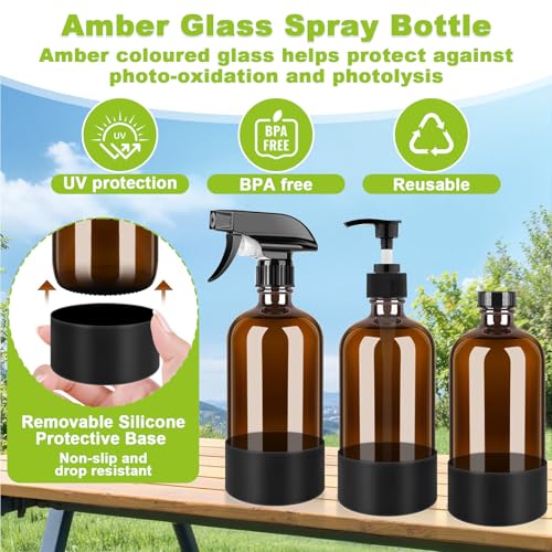 3 Pcs Pulverizador Agua Vidrio Ámbar con Capuchón Niebla Ajustable, Botella Pulverización Agua Peluqueria Reutilizables 500ml, Spray Bottle para Riegos, Limpieza Hogar, Jardinería y Cuidado Capilar - imagen 2