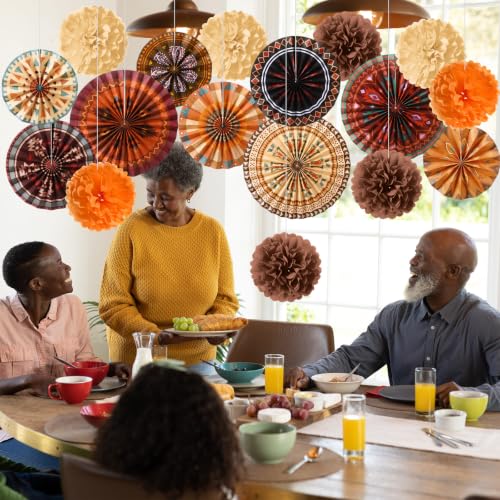 Image of Outus 21 Pcs Native American Heritage Month Decorations Hanging Paper Fans Paper Tissue Pom Poms Classroom Decorations Fans for Southwestern Tribal Ceiling Hanging Decor School Party Supplies