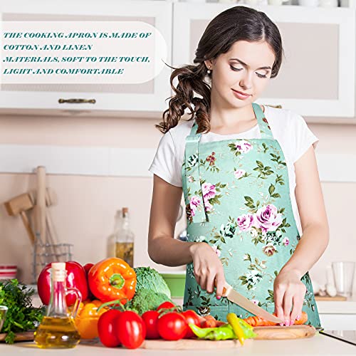 Satinior 4 Pieces Women Floral Aprons With Pockets Adjustable Kitchen Cooking Apron Rose Floral Aprons Canvas Flower Pattern Apron For Cooking Baking Gardening, One Size #TOP6