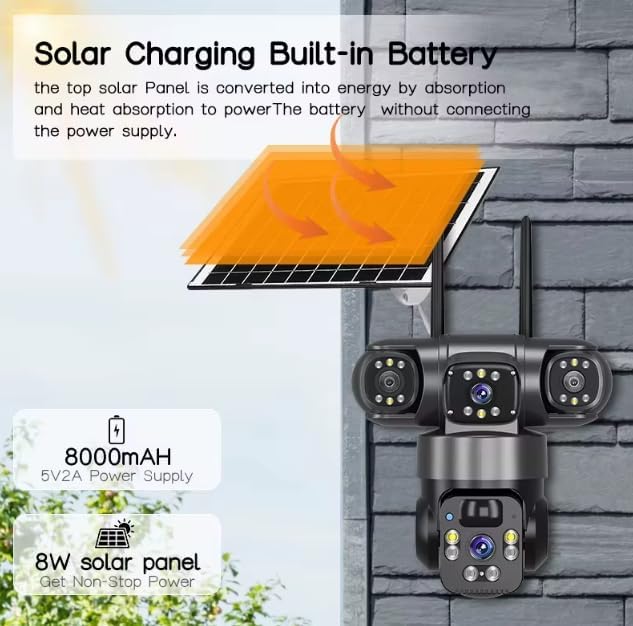 Image of securinnov 3 Lens Solar 4G Powered PTZ Outdoor CCTV Camera | 360 View | Color Night Vision | Two Way Audio | 4G SIM-Based Security Camera for Home with Mobile App V380 Pro (3 Lens Solar)