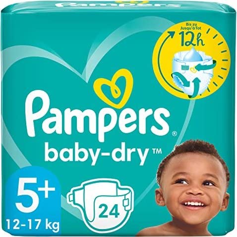 Pampers Baby-Dry tamaño 5+, 24 pañales, hasta 12 horas de protección contra fugas, 12 kg - 17 kg.