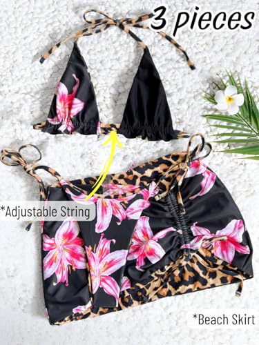 Image of ShawGobow Womens 3 Piece Leopard Bikini Set,Triangle String High Cut Thong Sexy Swimsuit & Coverup Skirt,Pool Party Outfit