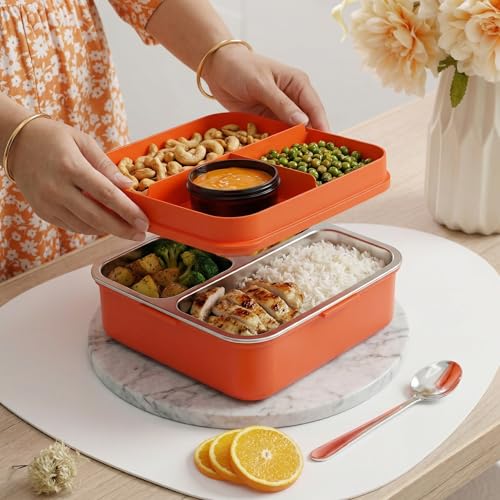 Image of Lunch Box for Kids & Adults, Multi Layer Tiffin Box, Stainless Steel Food Container with Partition, Leakproof 3 Compartment Bento Box with Spoon, 1120ml + 70ml (White, Super Cat)