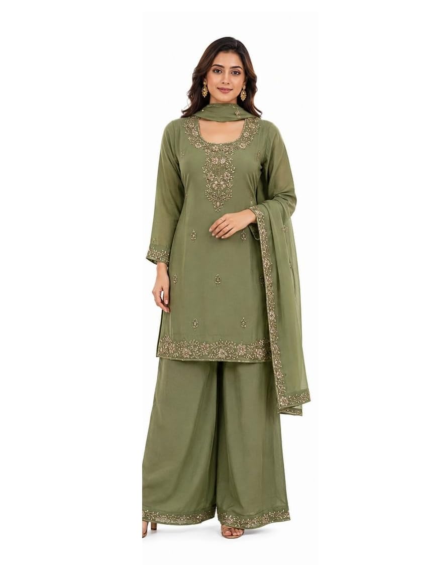 Women Pista Green Chinnon Sharara Set, Ankle Length, Solid, Ethnic Embroidery, Three-Quarter Sleeves, Dry Clean Only, Slip-On-picture-33