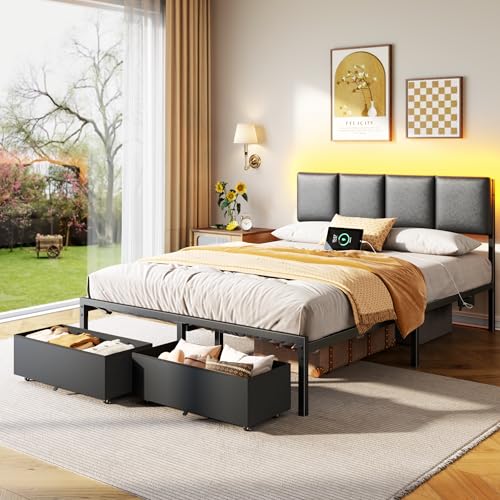 Image of Furnulem Full Size Bed Frame with Charging Station and LED Lights, PU Leather Upholstered Headboard, Metal Platform Bed with 2 Fabric Storage Drawers, Noise Free, No Box Spring Needed, Black