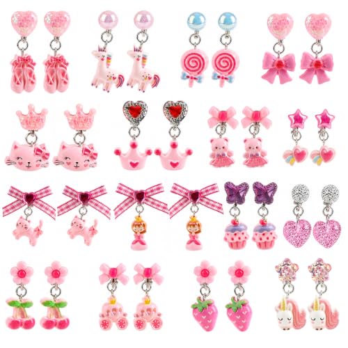 Lot de 16 paires de boucles d'oreilles à clip pour enfant et fille, sans trou d'oreille, licorne, sirène, princesse, avec coussinets pour la vie quotidienne, fête d'anniversaire, Einheitsgröße