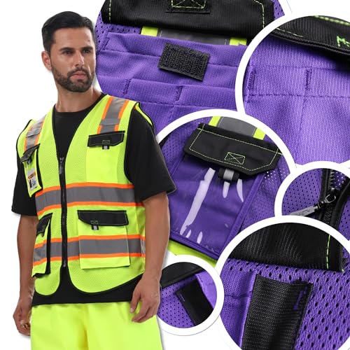 Image of JKSafety Hi Vis Reflective Safety Vests for Men Women High Visibility Vest with Pockets Mesh Fabric Construction Safety Apparel Neon Vest for Work (220-PurpleB XL)