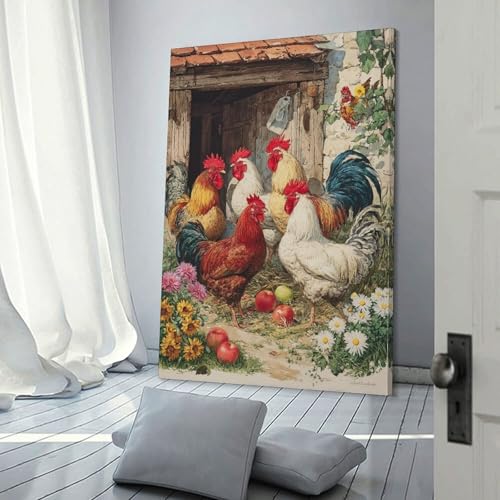 Coq de ferme décoration murale rustique - Toile 40x60cm mur vide salon