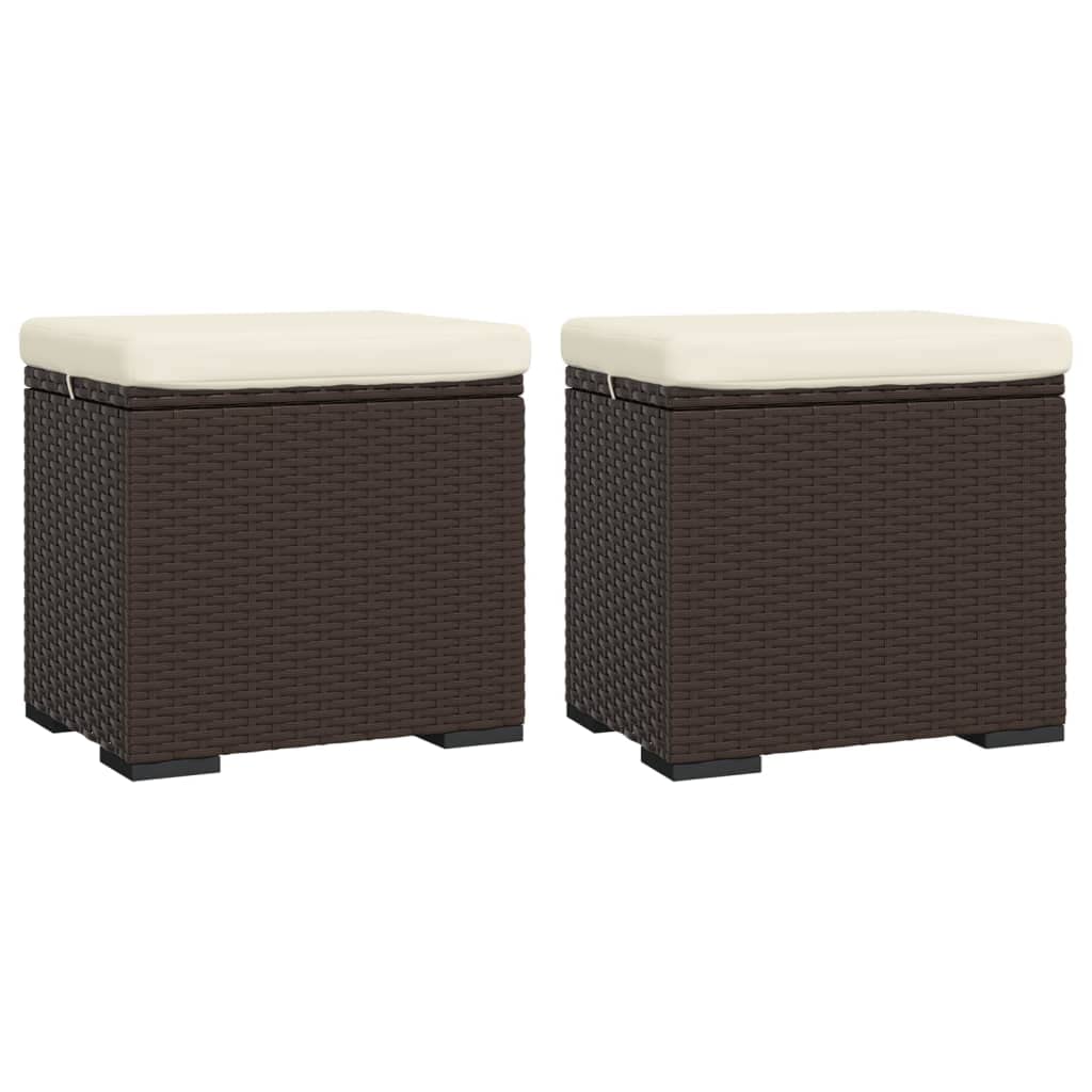 vidaXL Sturdy Outdoor Ottoman with Cushions 2 pcs Set - Brown Poly Rattan with Cream White Fabric Cushions - 15.7