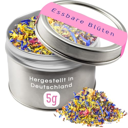 Essbare Blüten 5g Bunter Blütenmix in der Dose zum Dekorieren und Verfeinern. Mit Rosenblüten Ringelblumenblüten Lavendelblüten und Kornblumenblüten.