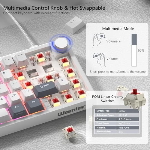 Image of Womier VK66 PRO 60% Gaming Keyboard Wired, QMK /VIA Creamy Mechanical Keyboard, Hot Swappable Gasket Mount RGB Key Board & Translucent Keycaps (White)